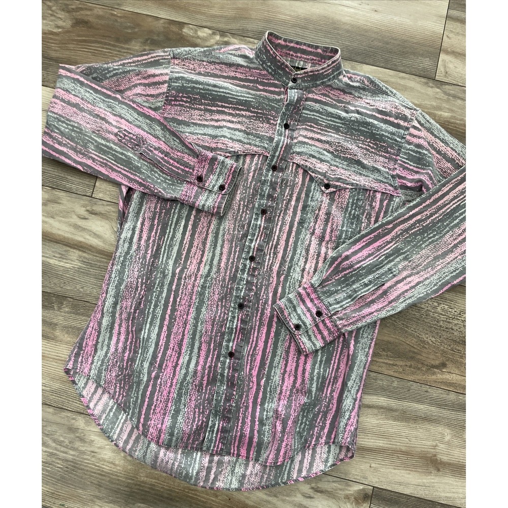 Vtg Ruddock Bros Western Shirt Men’s L USA Made Pink Grey Stripe Cowboy 90’s